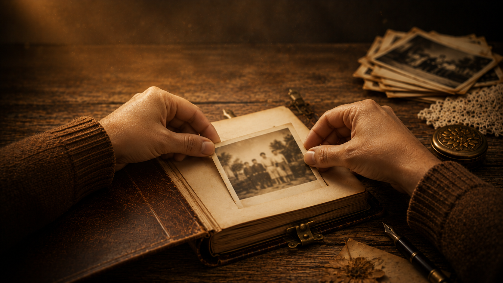 Hands placing a polaroid into an open family album