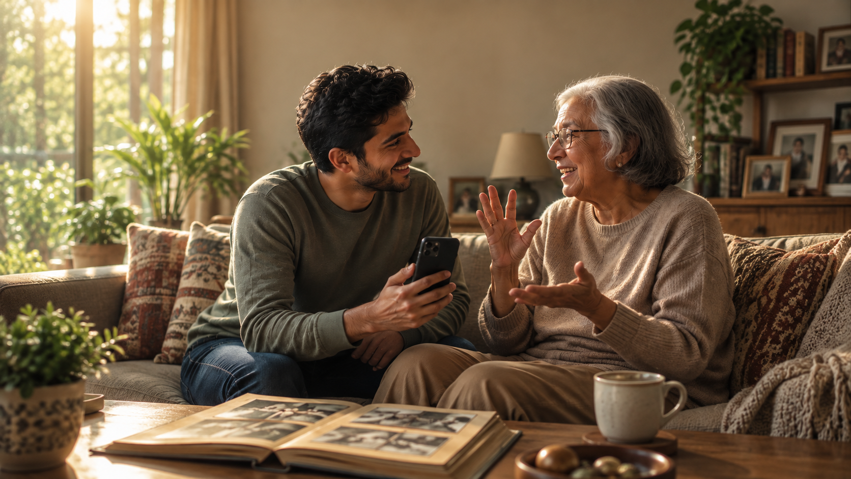 A grandmother and grandson laughing together over a phone, an open photo album on the table beside them