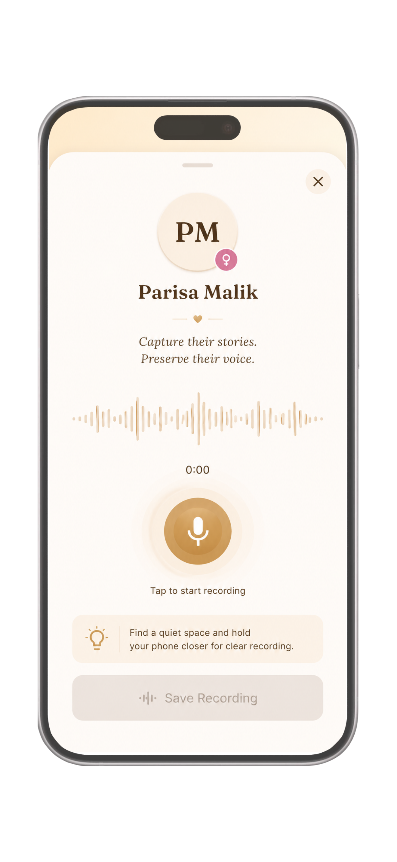 Nasab voice note recording screen for preserving a family member's voice