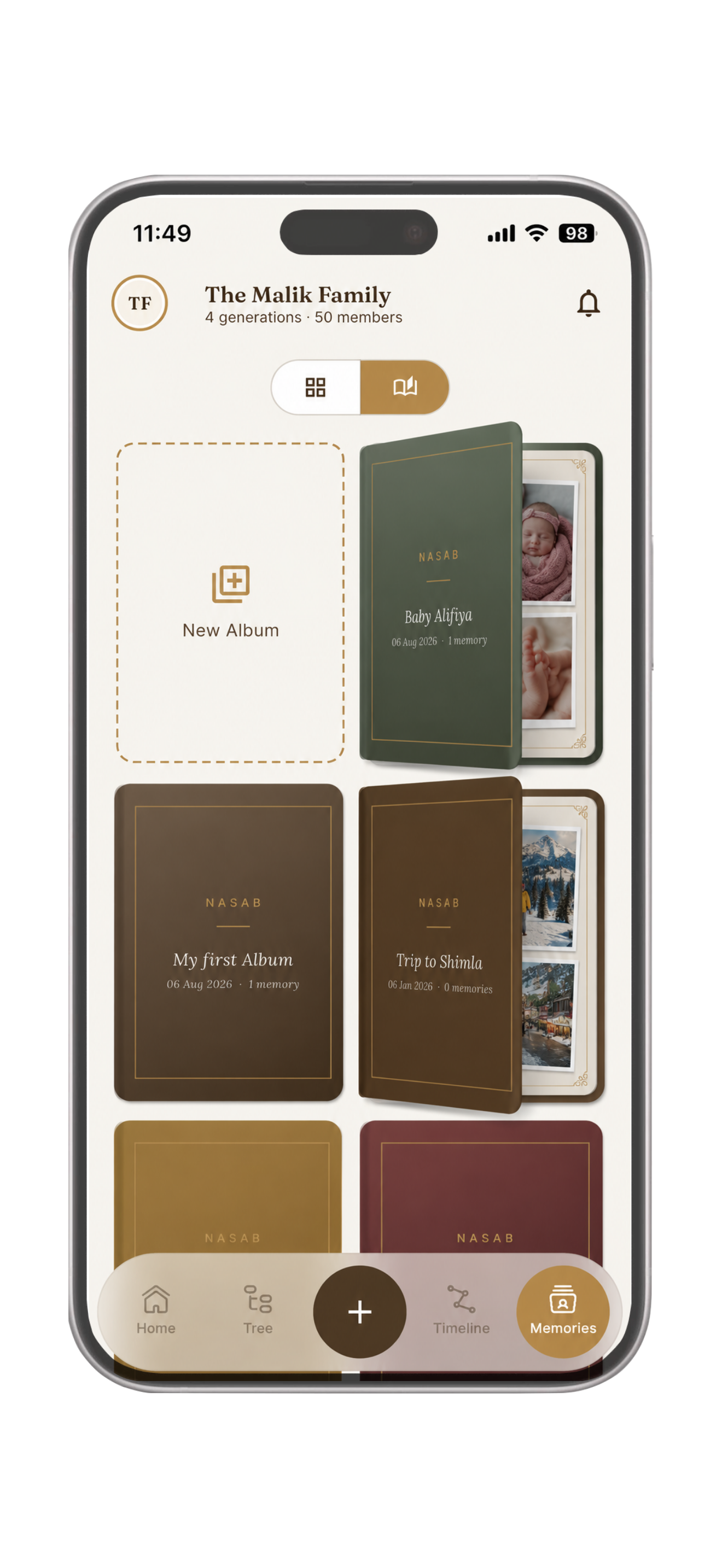 Nasab memory albums screen, shown as leather-bound album covers