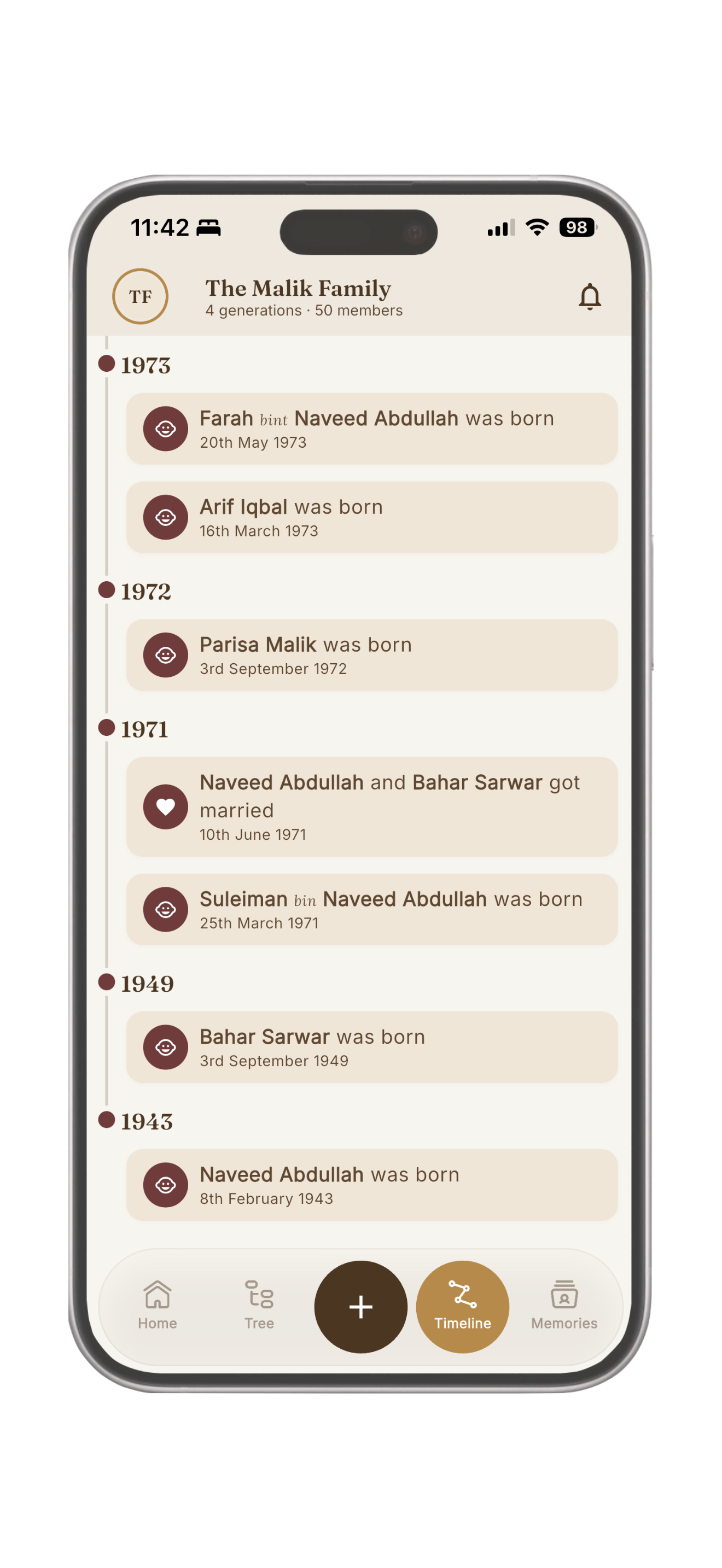 Nasab timeline screen showing family life events year by year