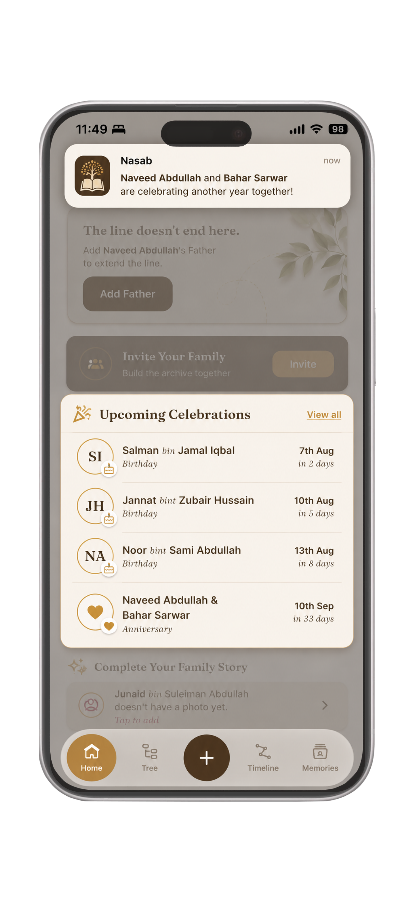 Nasab home screen showing a gentle nudge to add a family member and a list of upcoming celebrations
